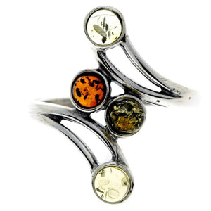 925 Sterling Silver & Genuine Baltic Amber Multi Stones Modern Ring - 7355