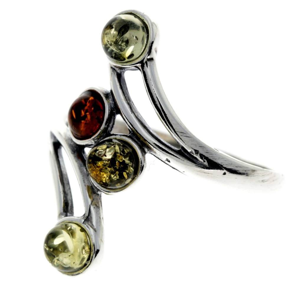 925 Sterling Silver & Genuine Baltic Amber Multi Stones Modern Ring - 7355