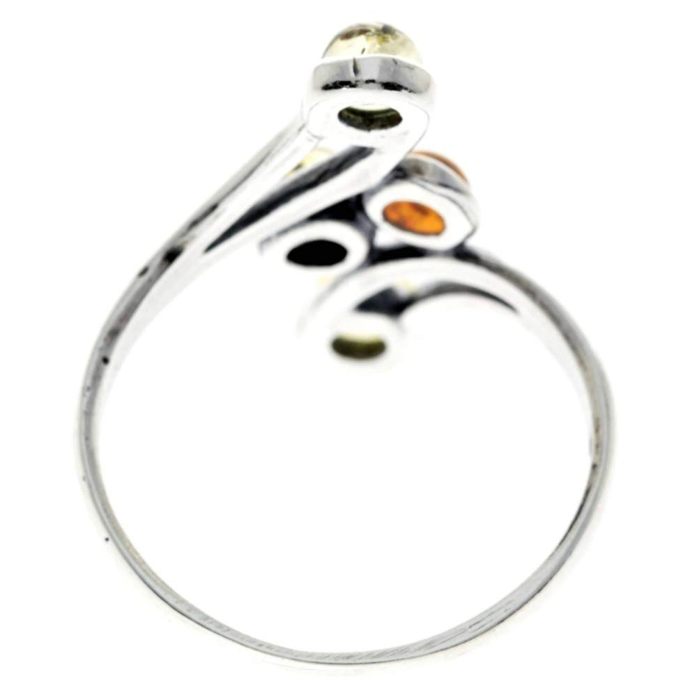 925 Sterling Silver & Genuine Baltic Amber Multi Stones Modern Ring - 7355