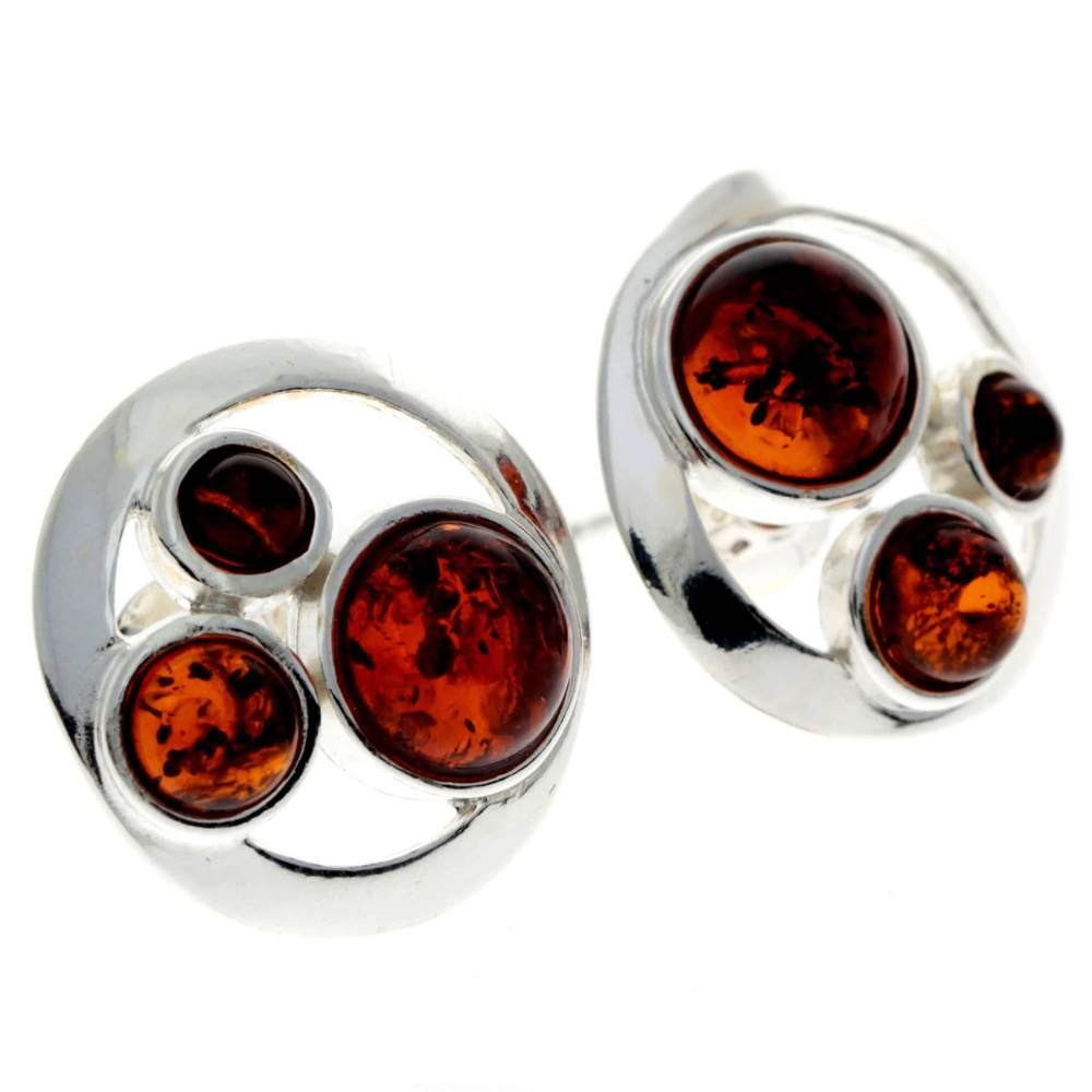 925 Sterling Silver & Genuine Baltic Amber Multi Stones Studs Earrings - M651