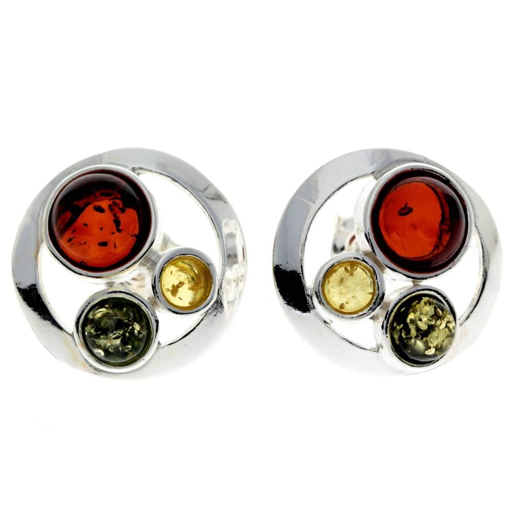 925 Sterling Silver & Genuine Baltic Amber Multi Stones Studs Earrings - M651