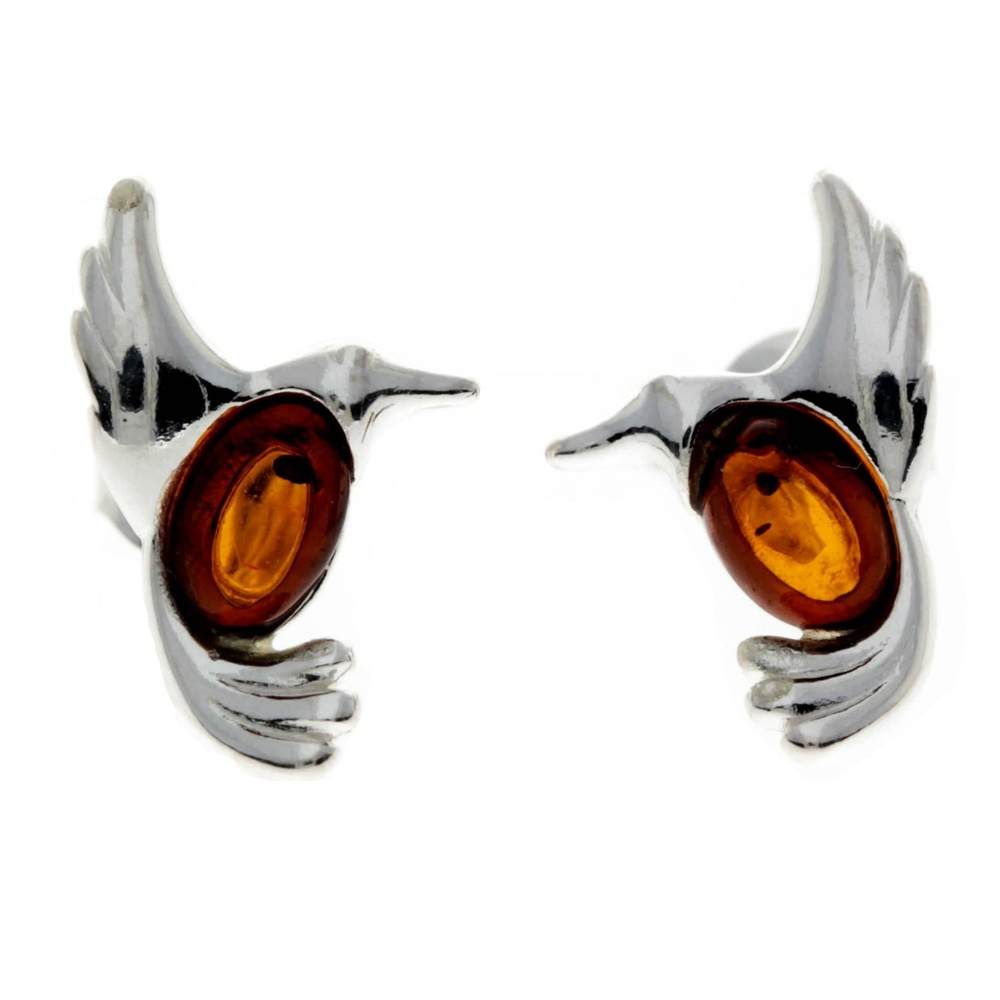 925 Sterling Silver & Genuine Baltic Amber Bird Studs Earrings - GL1002