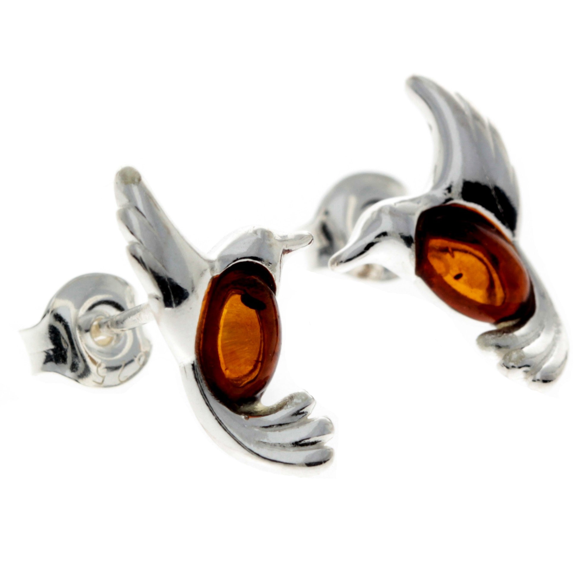 925 Sterling Silver & Genuine Baltic Amber Bird Studs Earrings - GL1002