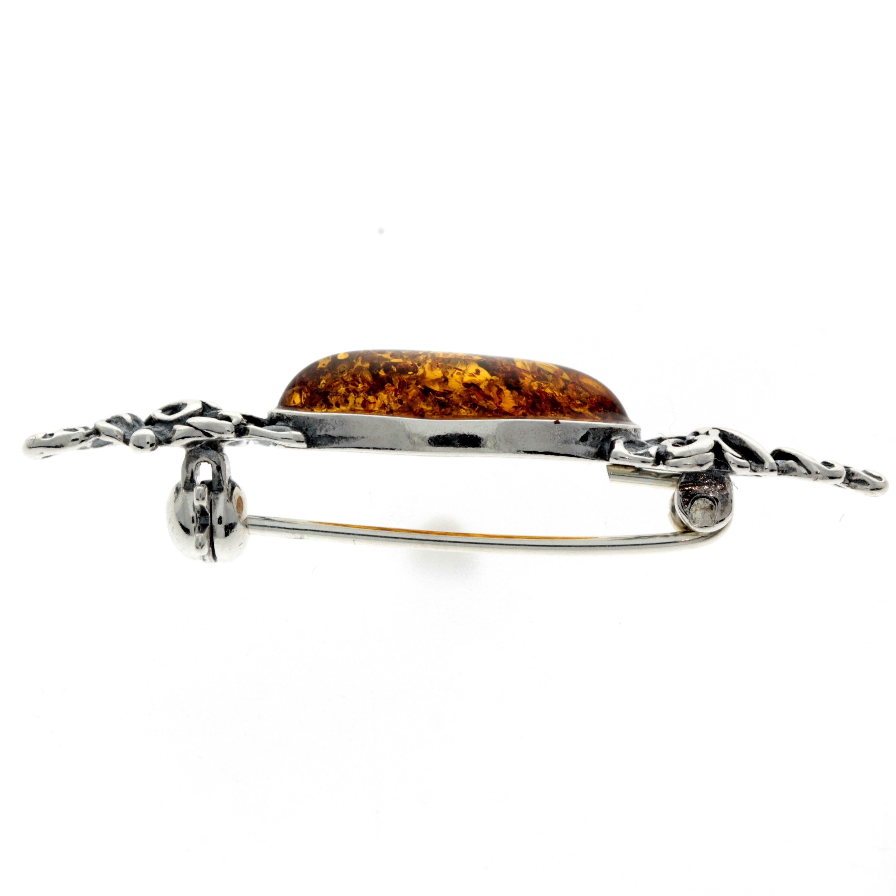 925 Sterling Silver & Genuine Baltic Amber Classic Brooch - GL817