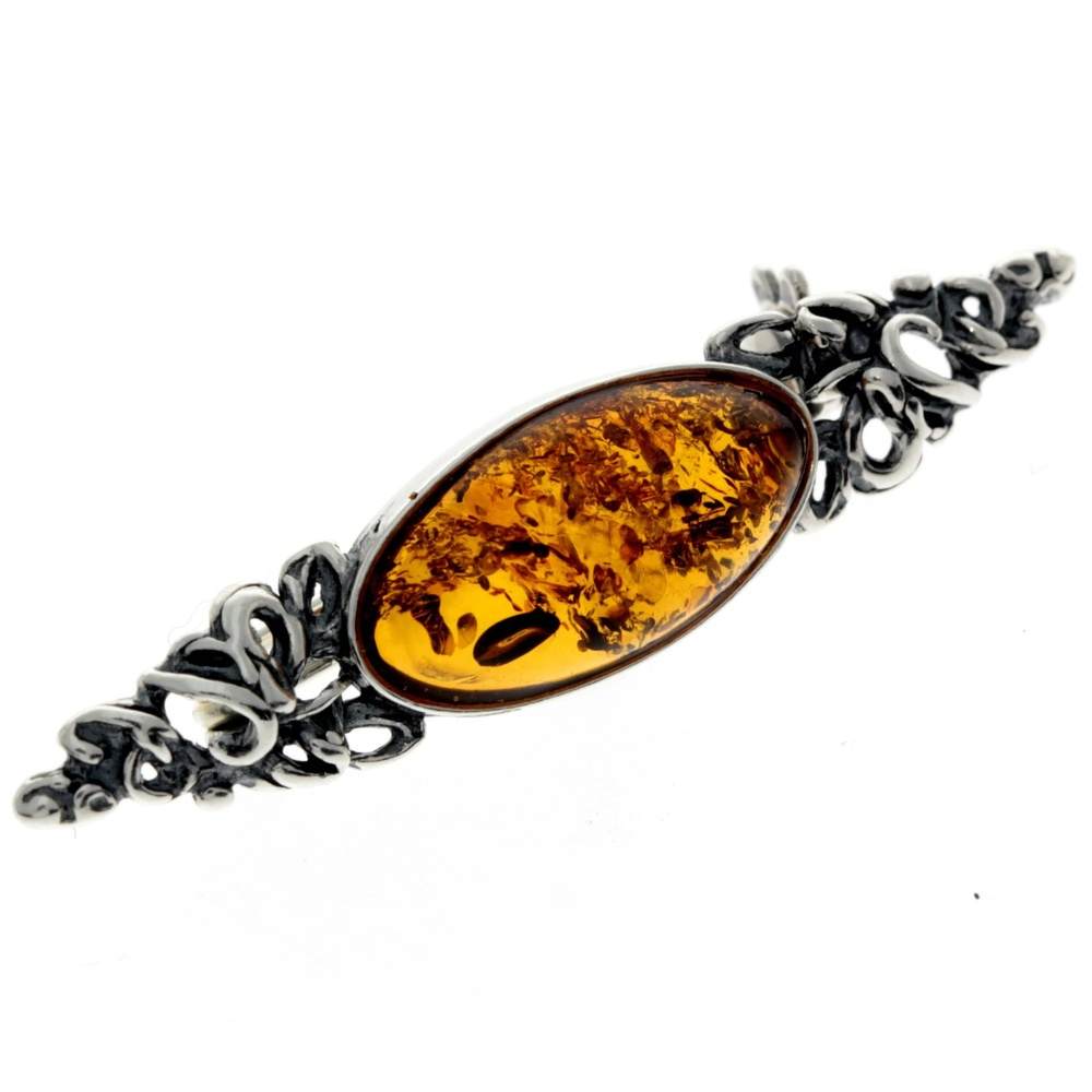 925 Sterling Silver & Genuine Baltic Amber Classic Brooch - GL817