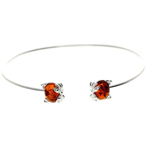 925 Sterling Silver & Genuine Baltic Amber Cat Solid Bangle - GL556