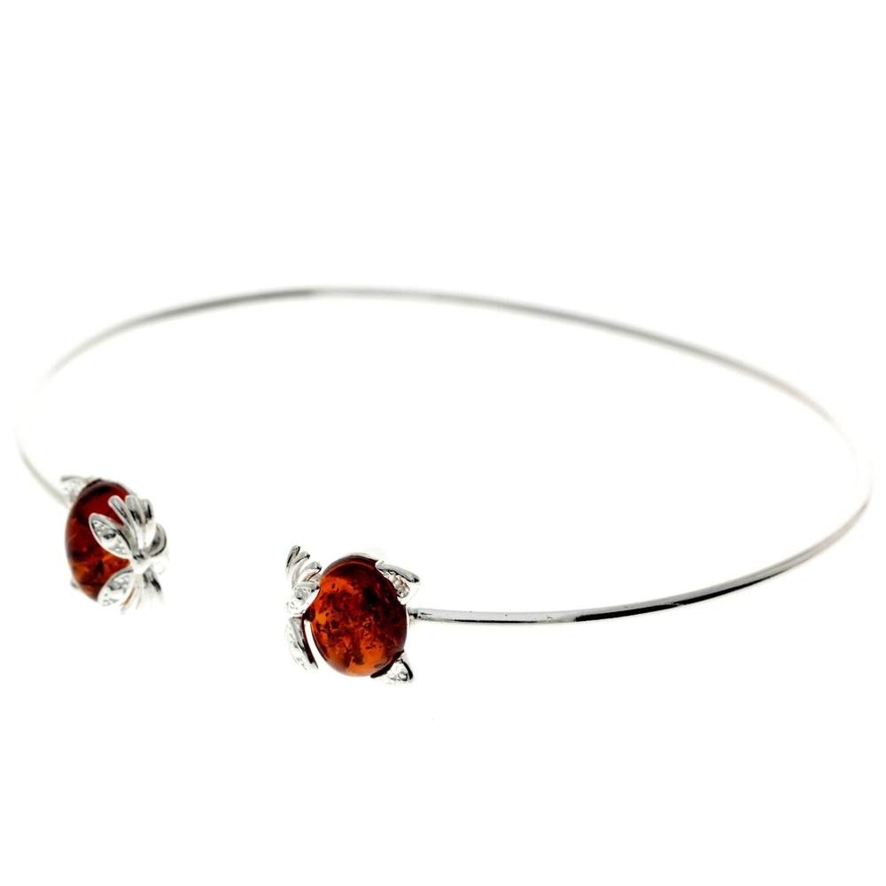 925 Sterling Silver & Genuine Baltic Amber Cat Solid Bangle - GL556