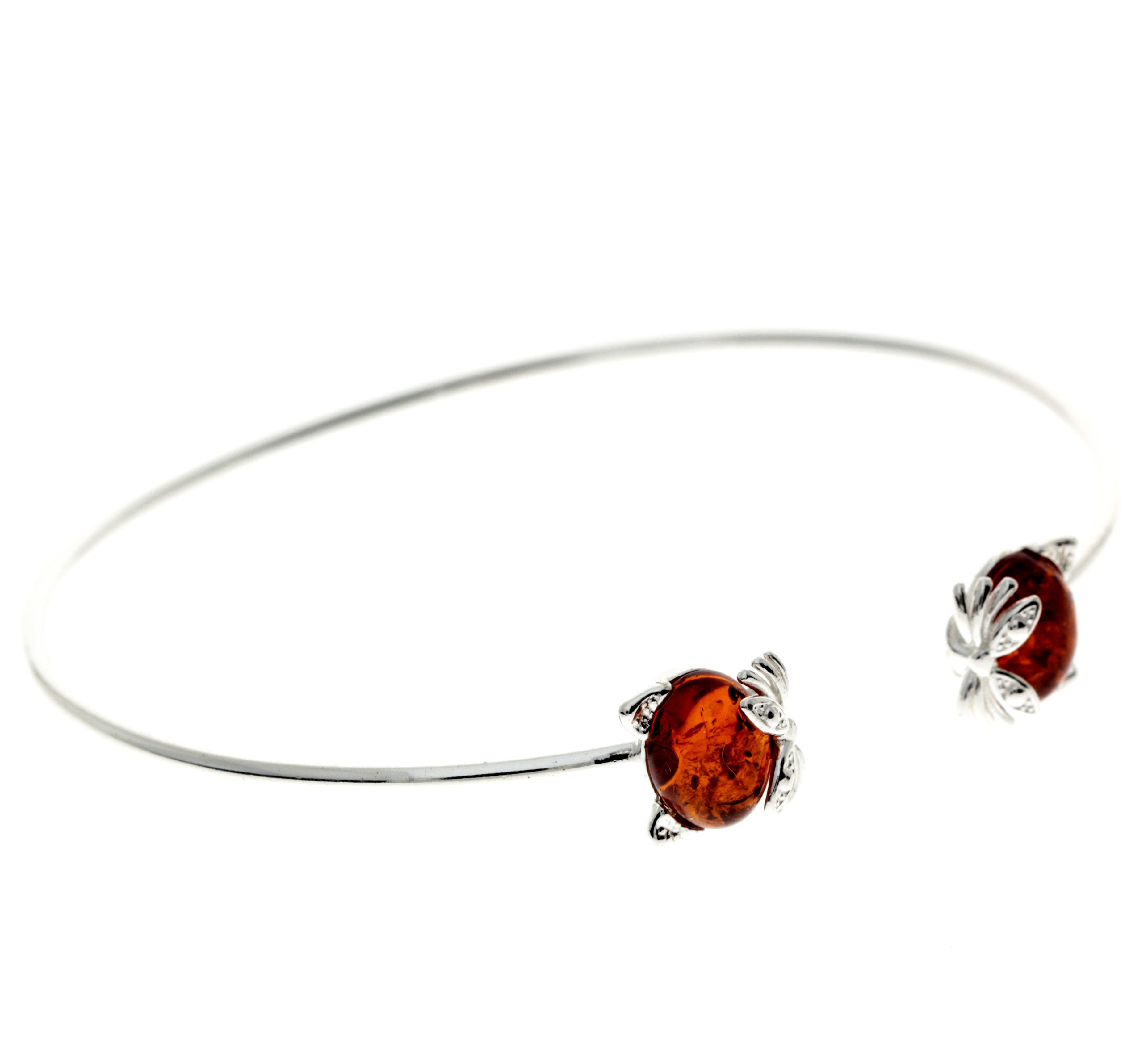 925 Sterling Silver & Genuine Baltic Amber Cat Solid Bangle - GL556