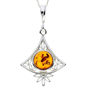 925 Sterling Silver & Genuine Baltic Amber Round Stone Modern Pendant - M2008