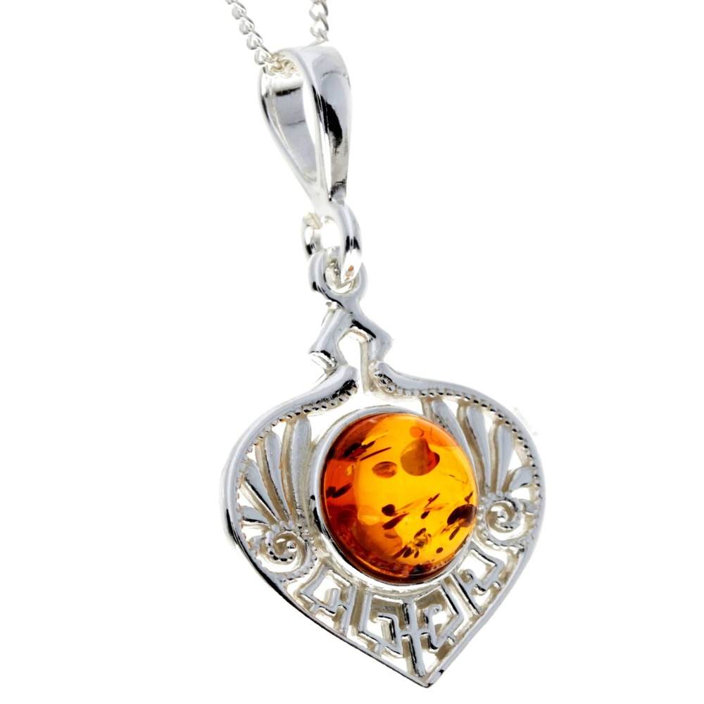 925 Sterling Silver & Genuine Baltic Amber Round Stone Modern Pendant - M2009