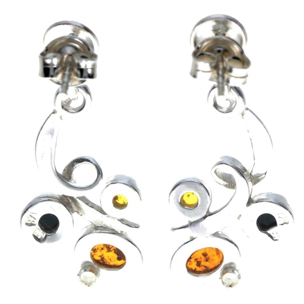 925 Sterling Silver & Genuine Baltic Amber Modern Drop Dangling Earrings - M652