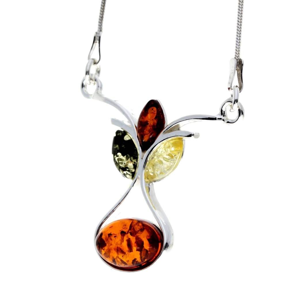 925 Sterling Silver & Genuine Baltic Amber Multi Stones Modern Necklace - M913