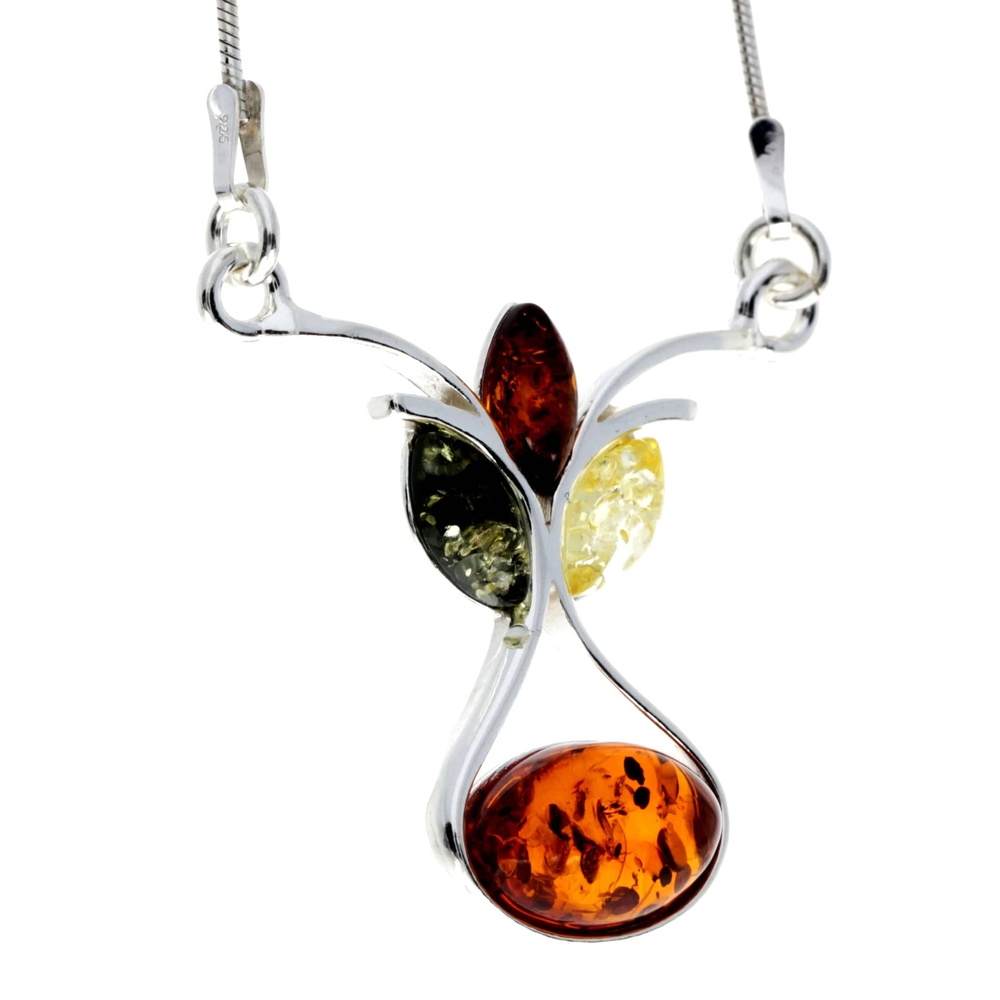 925 Sterling Silver & Genuine Baltic Amber Multi Stones Modern Necklace - M913