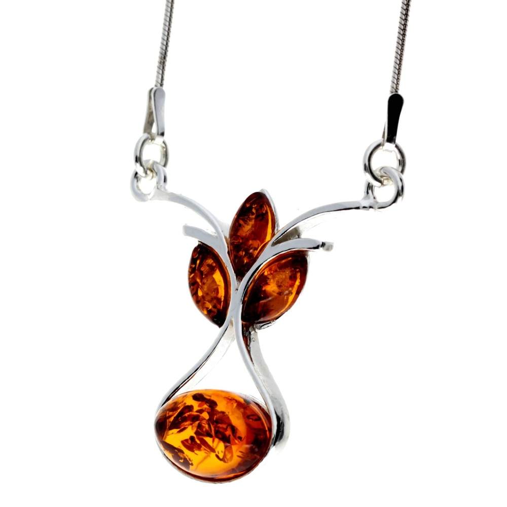 925 Sterling Silver & Genuine Baltic Amber Multi Stones Modern Necklace - M913