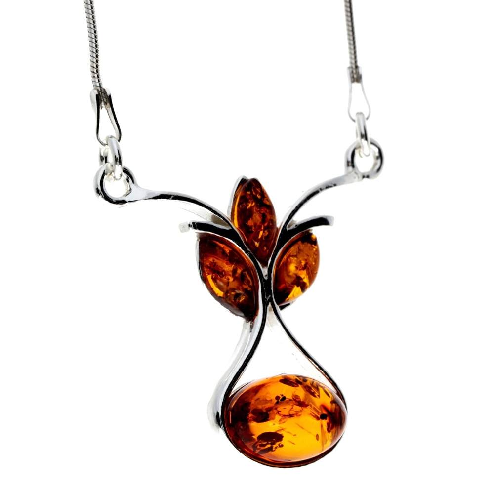 925 Sterling Silver & Genuine Baltic Amber Multi Stones Modern Necklace - M913