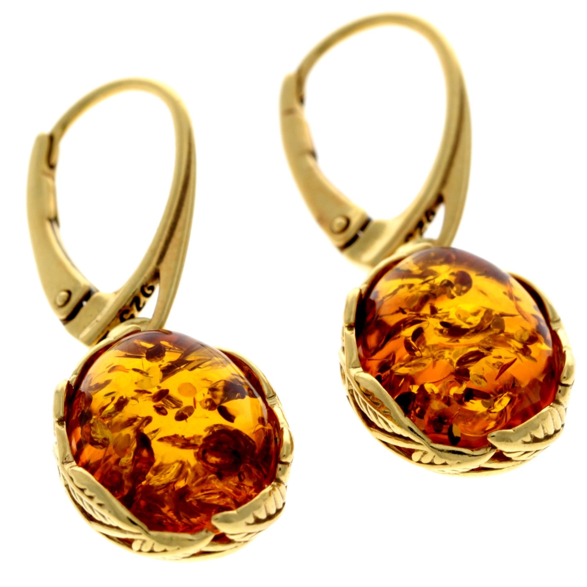 925 Sterling Silver 22 Carat Gold Plated with Genuine Baltic Amber Drop Earrings - MG003