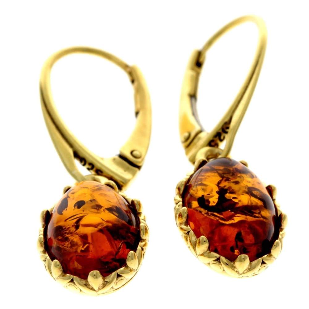 925 Sterling Silver 22 Carat Gold Plated with Genuine Baltic Amber Drop Earrings - MG004