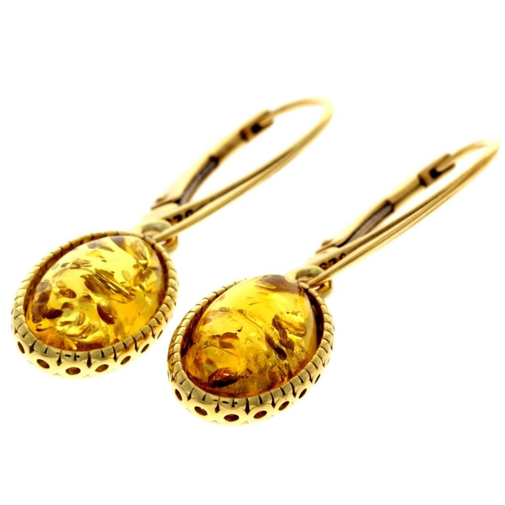 925 Sterling Silver 22 Carat Gold Plated with Genuine Baltic Amber Drop Earrings - MG008