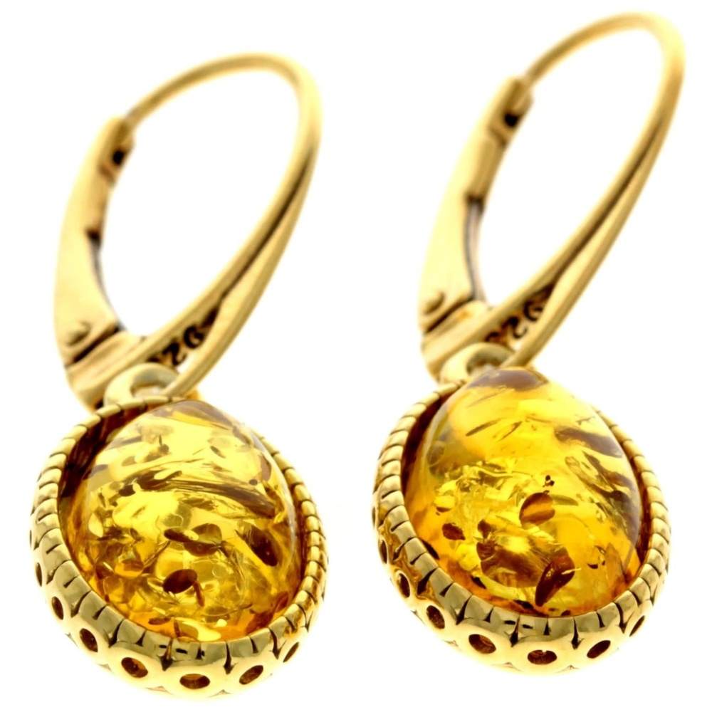 925 Sterling Silver 22 Carat Gold Plated with Genuine Baltic Amber Drop Earrings - MG008