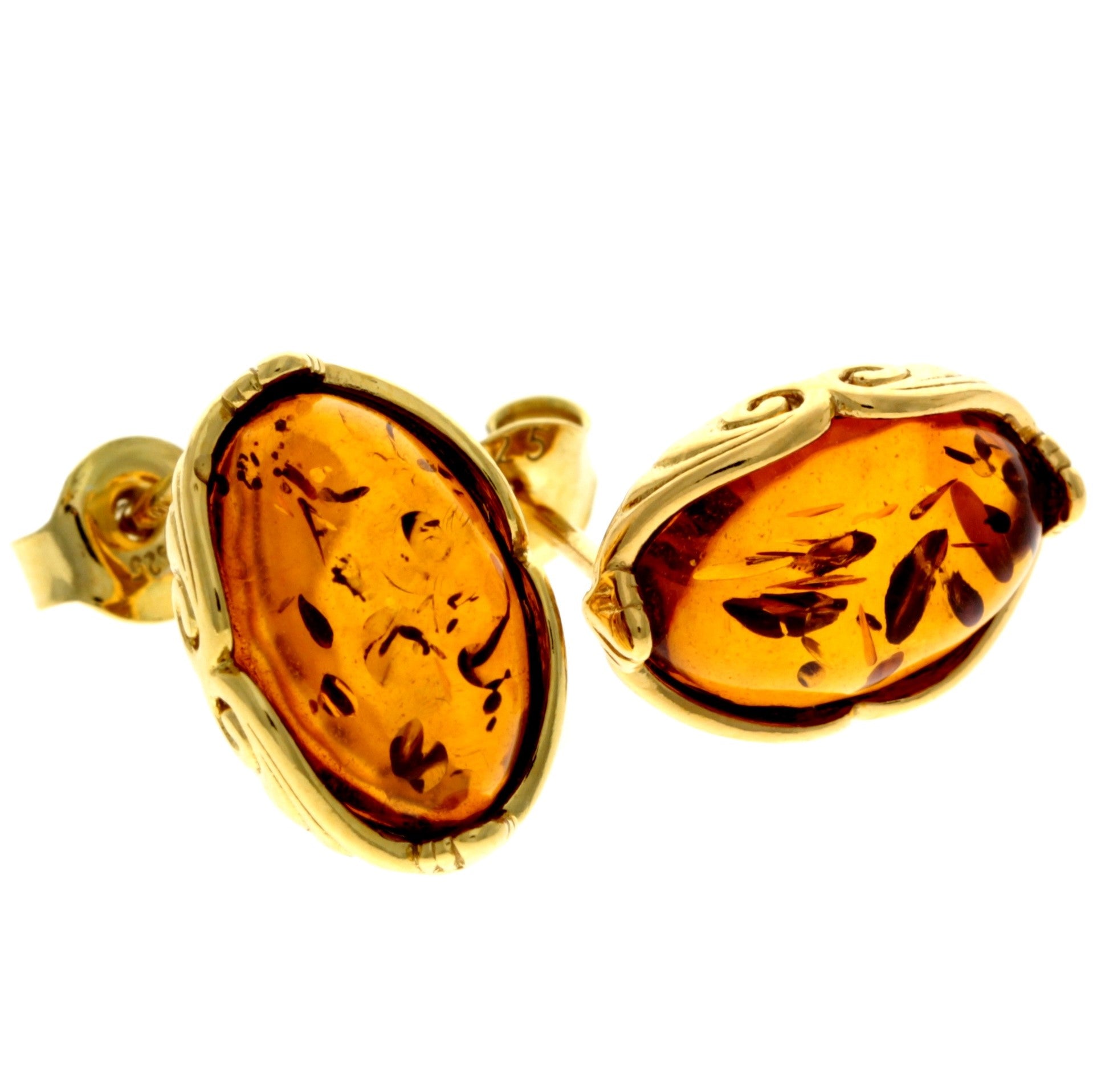 Genuine Baltic Amber and 925 Sterling Silver Gold Plated with 1 micron of 22 carat gold Studs Earrings - MG010