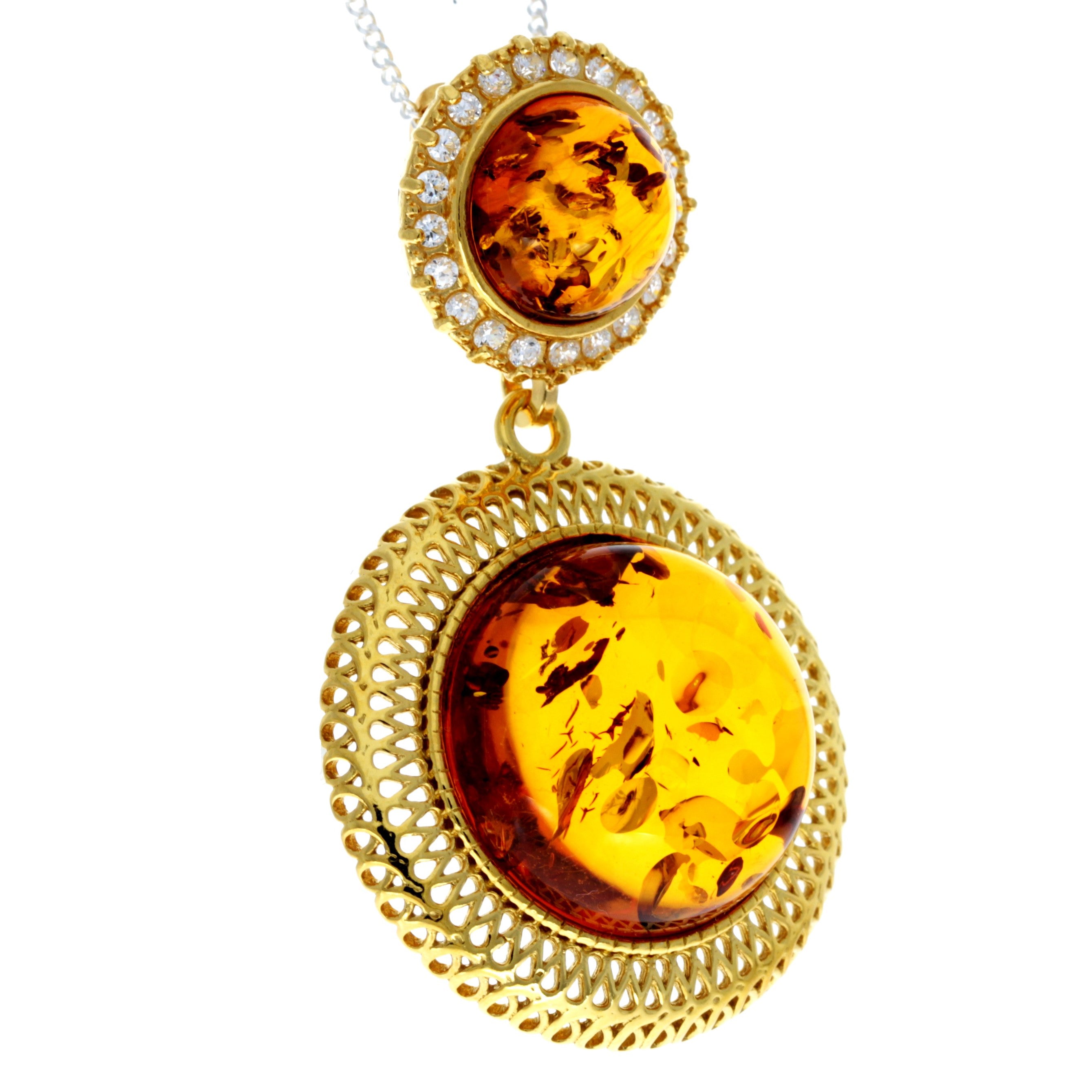 925 Sterling Silver 22 Carat Gold Plated with Genuine Baltic Amber Modern Pendant - MG200