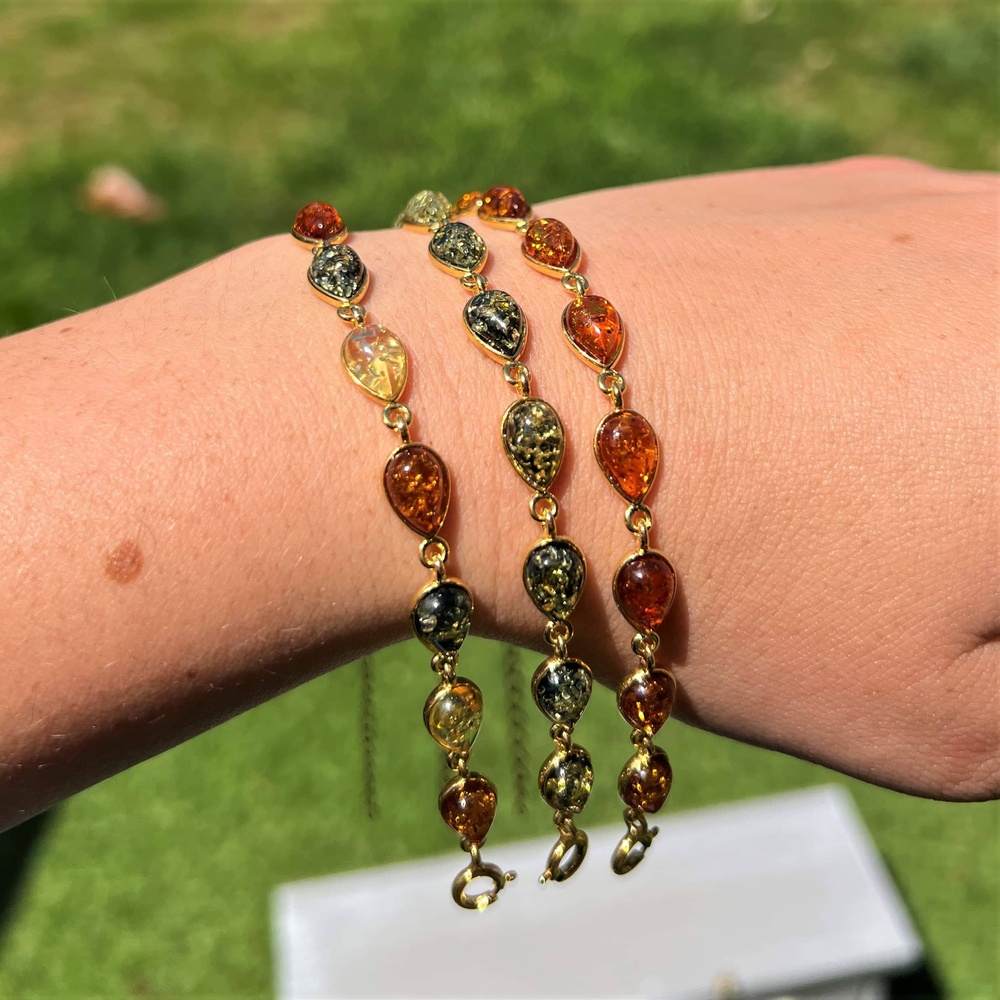 Classic 925 Sterling Silver Gold Plated with 22 Carat Gold 19 cm + 4.5 cm Link Bracelet set with Genuine Baltic Amber Gemstones - MG502