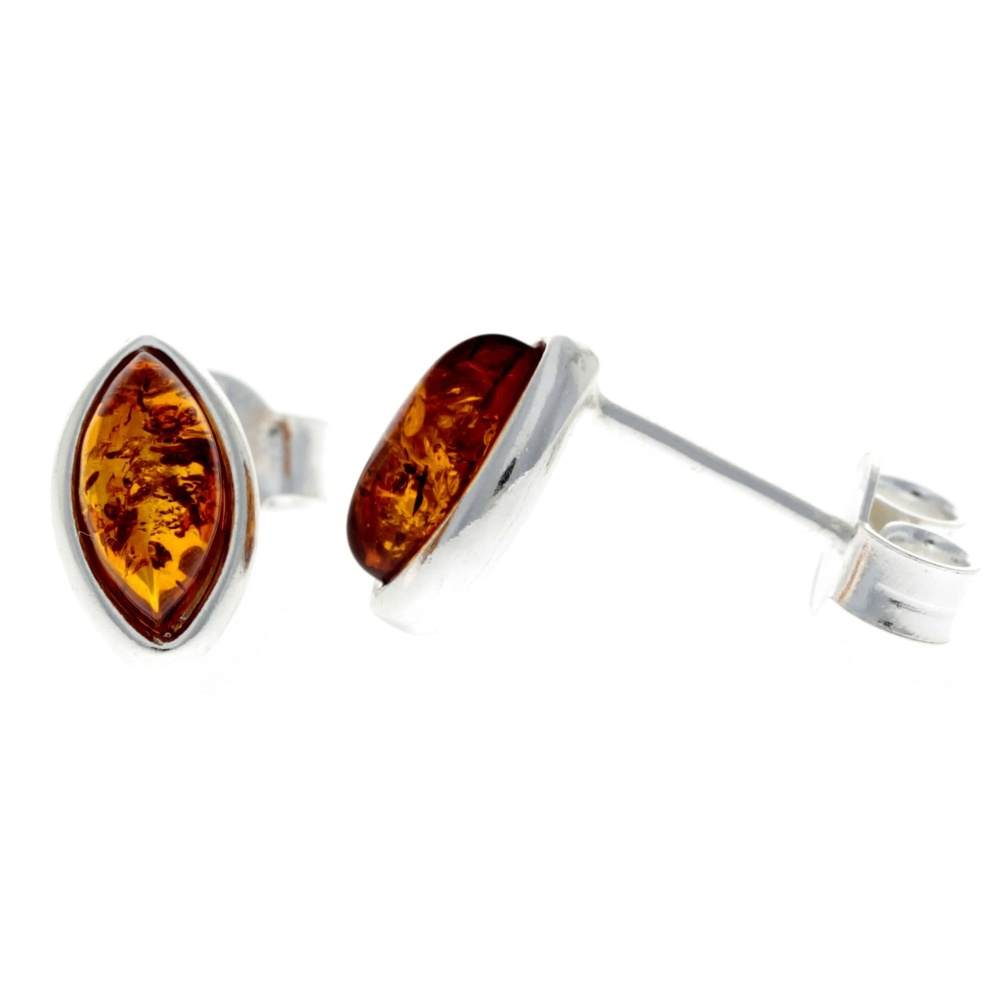 925 Sterling Silver & Genuine Baltic Amber Classic Oval Studs Earrings - 8343