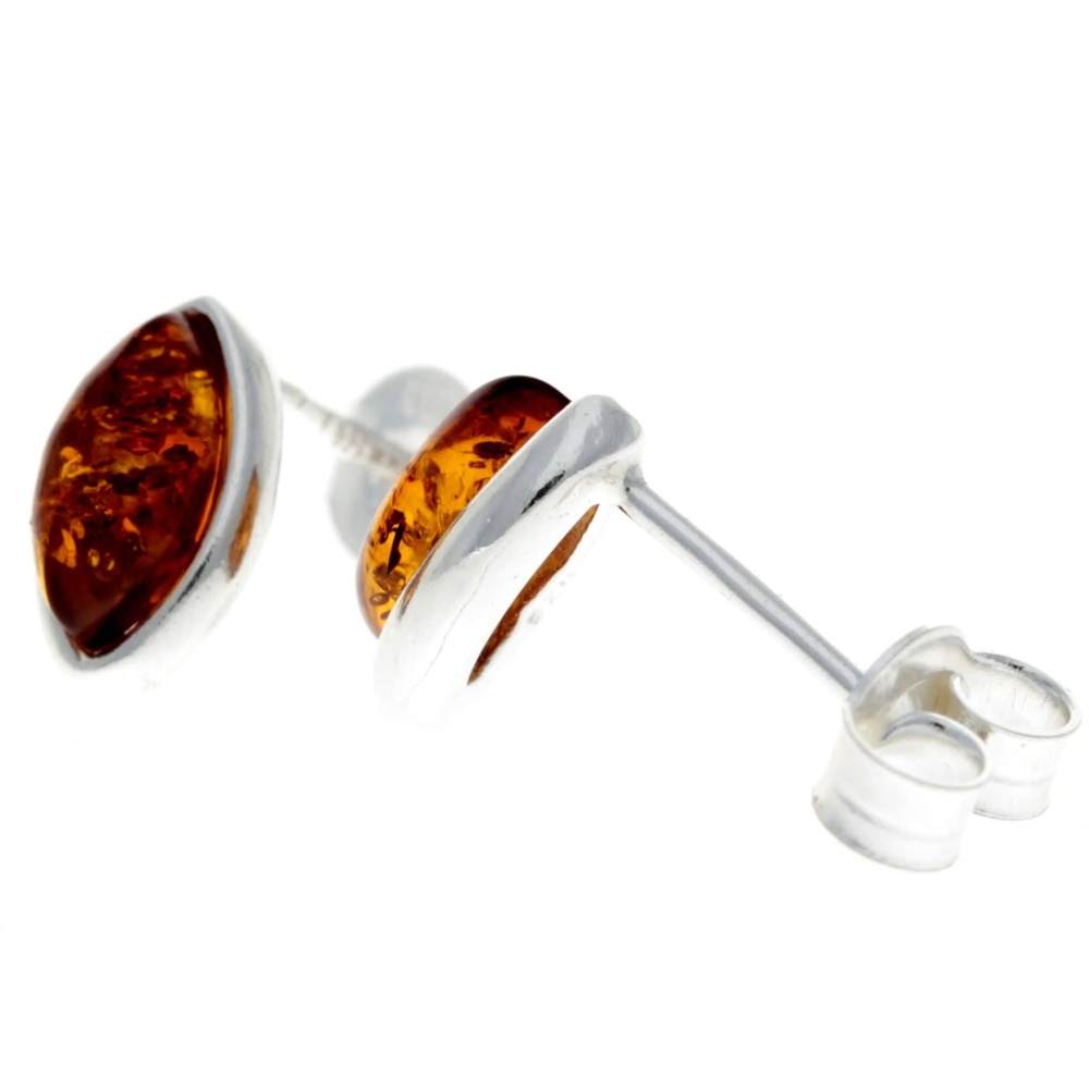 925 Sterling Silver & Genuine Baltic Amber Classic Oval Studs Earrings - 8343