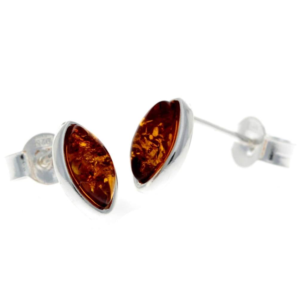 925 Sterling Silver & Genuine Baltic Amber Classic Oval Studs Earrings - 8343