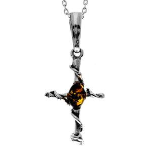 925 Sterling Silver & Genuine Baltic Amber Classic Cross Pendant - 653