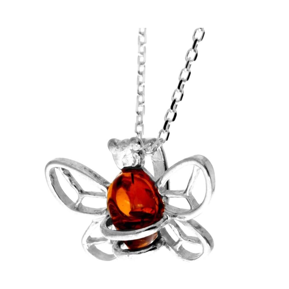 925 Sterling Silver & Genuine Baltic Amber Cute Bee Pendant 666