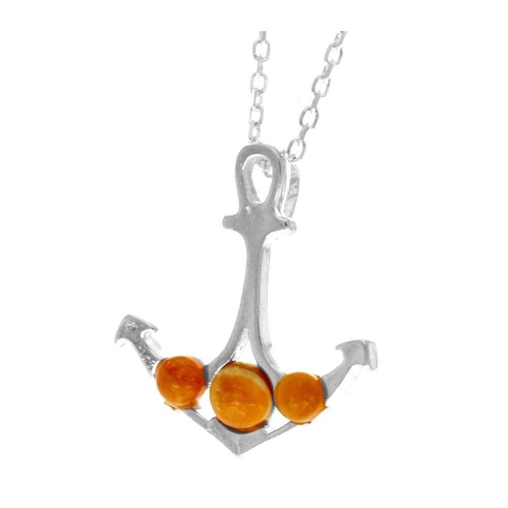 925 Sterling Silver & Genuine Baltic Amber Classic Anchor Pendant -669