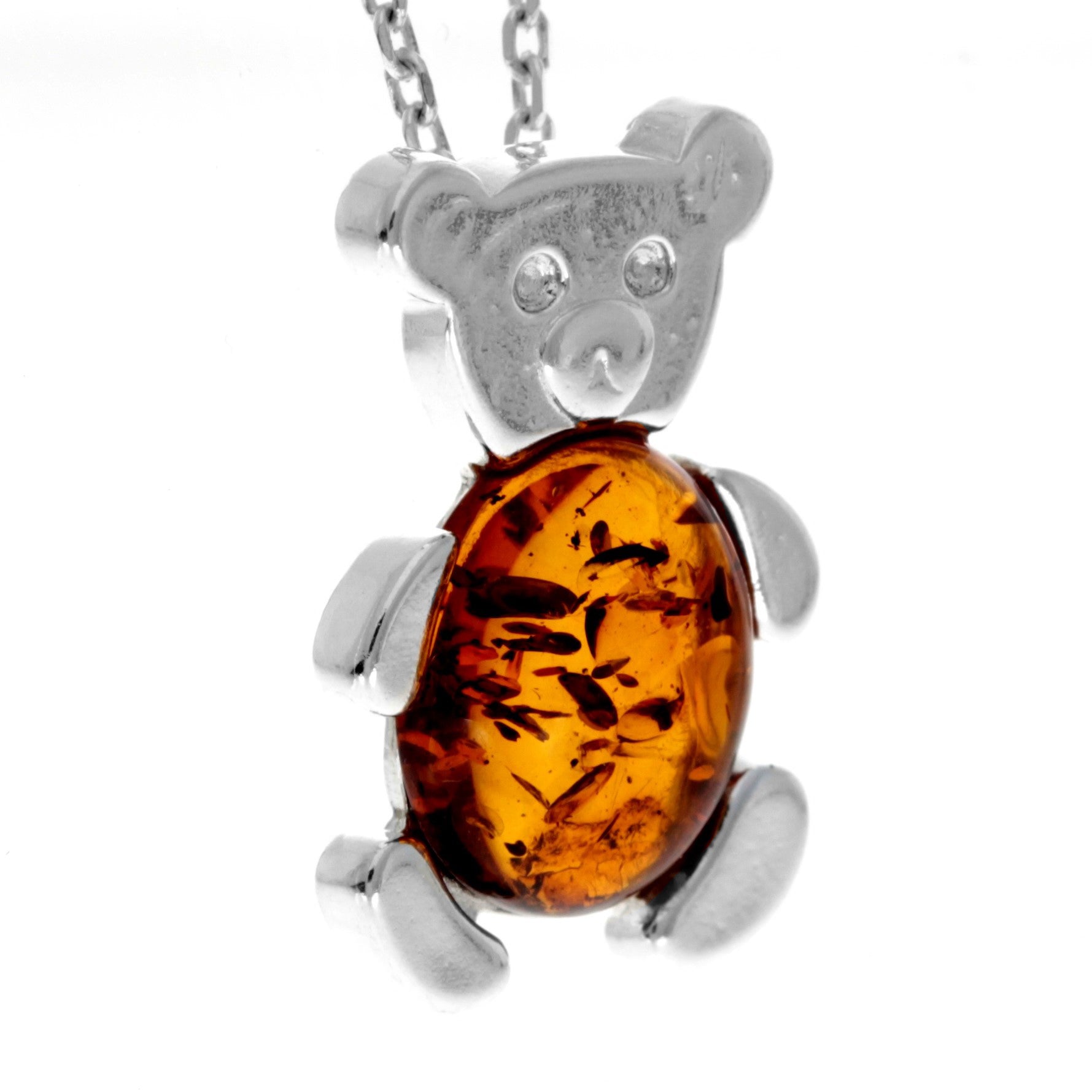 925 Sterling Silver & Genuine Baltic Amber Teddy Bear Pendant - 698