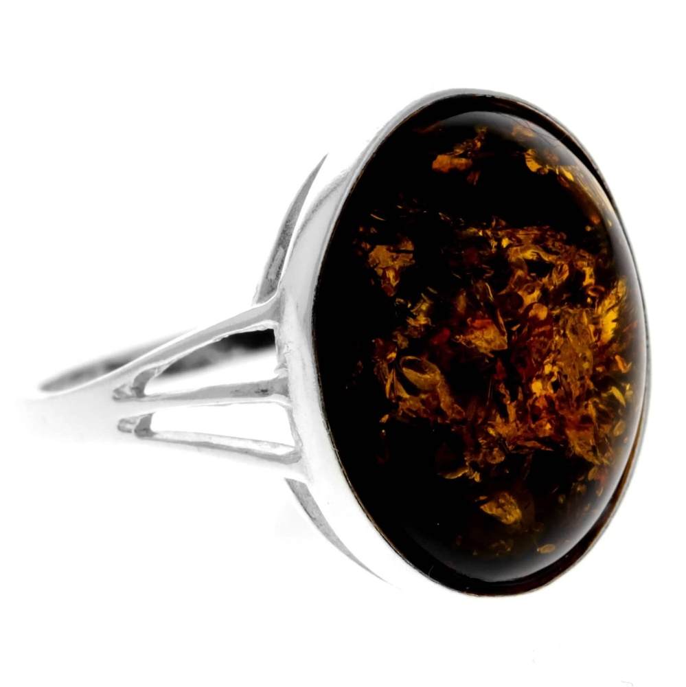 925 Sterling Silver & Genuine Baltic Amber Classic Designer Ring - 7504