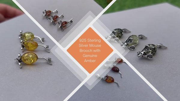 925 Sterling Silver & Baltic Amber Mouse Brooch - 4107