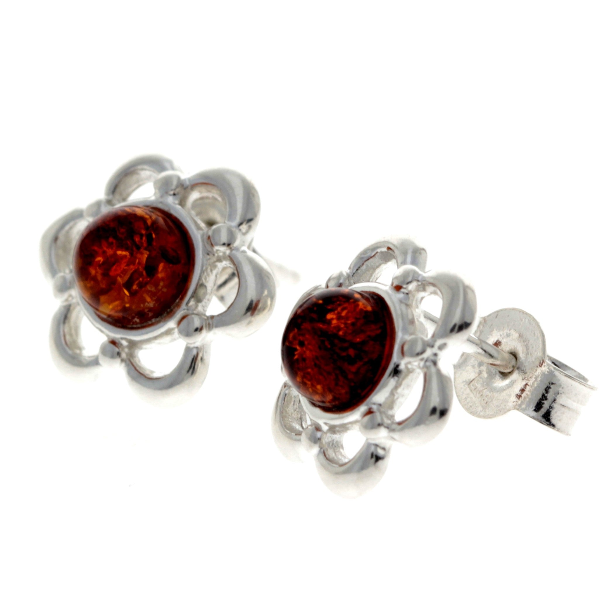 925 Sterling Silver & Genuine Baltic Amber Classic Flowers Studs Earrings - 8013
