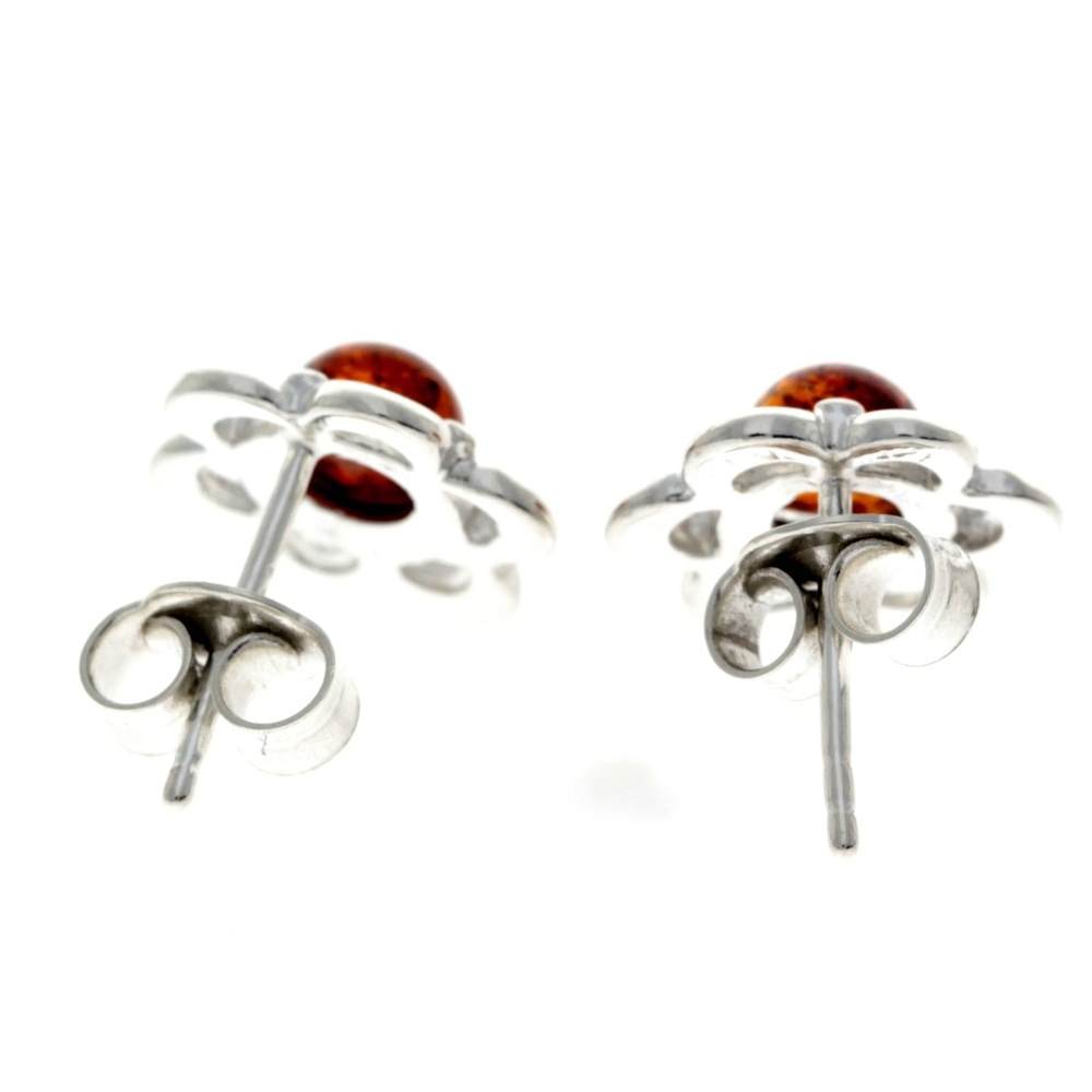 925 Sterling Silver & Genuine Baltic Amber Classic Flowers Studs Earrings - 8013