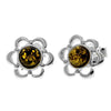 925 Sterling Silver & Genuine Baltic Amber Classic Flowers Studs Earrings - 8013