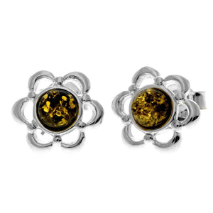 925 Sterling Silver & Genuine Baltic Amber Classic Flowers Studs Earrings - 8013