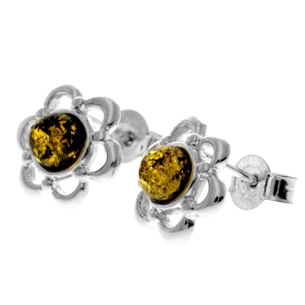 925 Sterling Silver & Genuine Baltic Amber Classic Flowers Studs Earrings - 8013