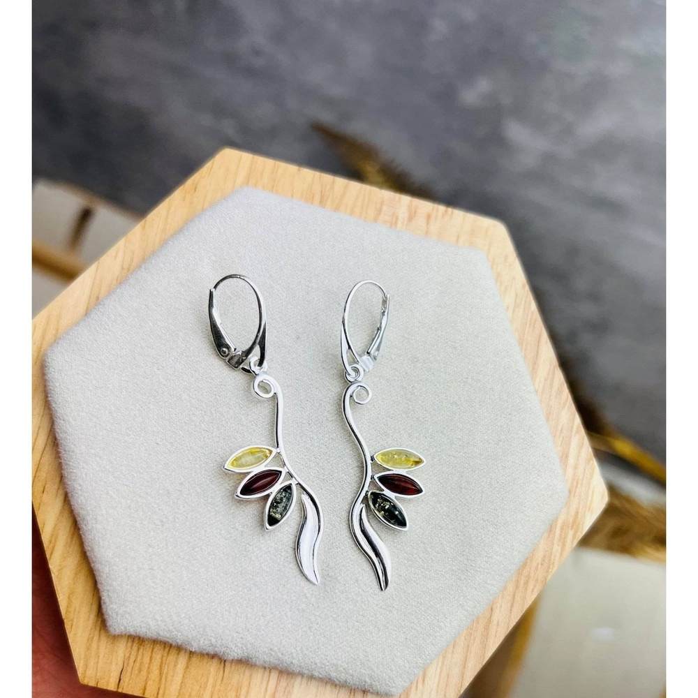 925 Sterling Silver & Genuine Baltic Amber Modern Drop Dangling Earrings - 8174