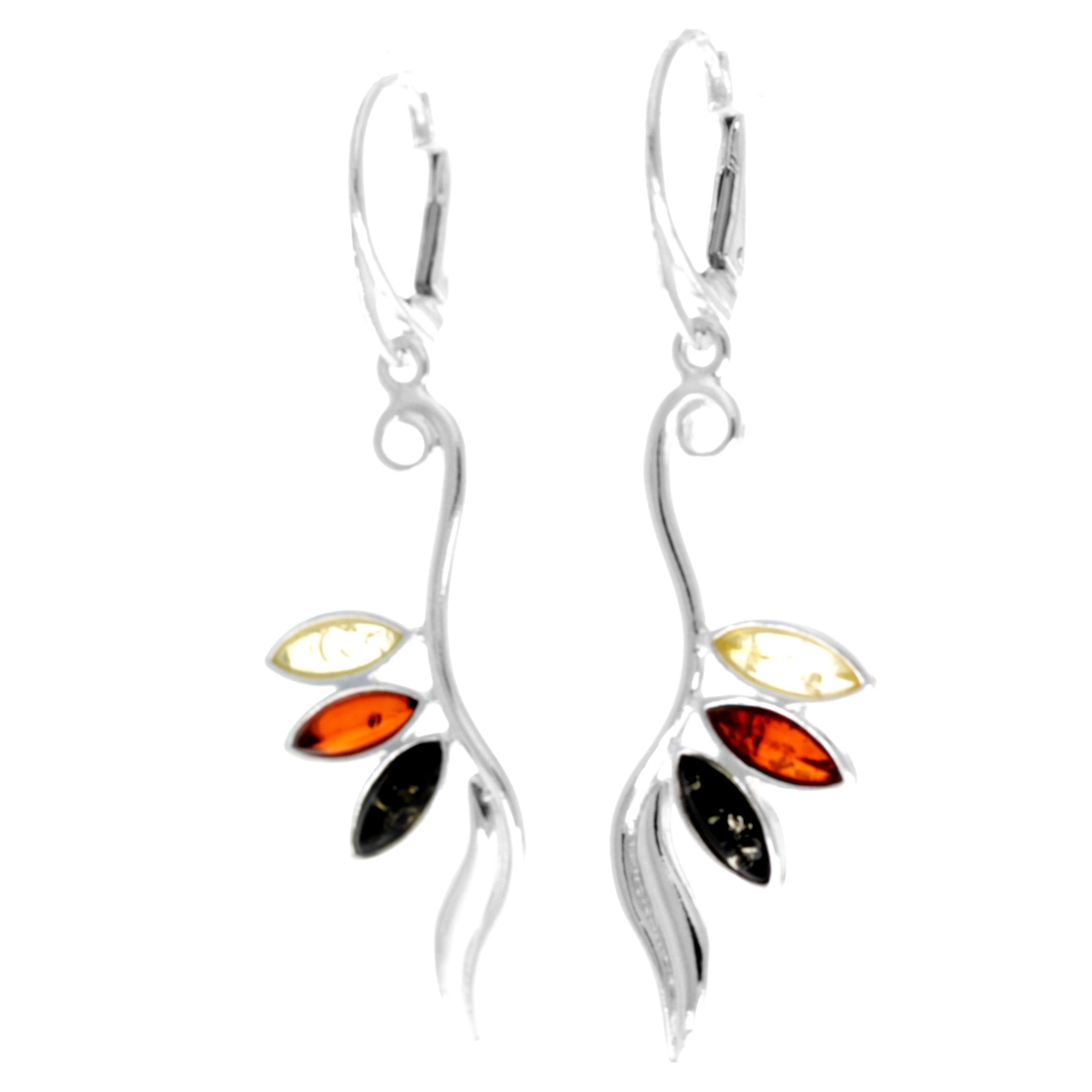 925 Sterling Silver & Genuine Baltic Amber Modern Drop Dangling Earrings - 8174
