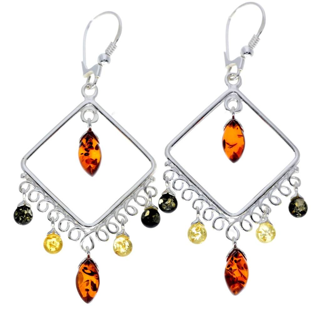 925 Sterling Silver & Genuine Baltic Amber Large Drop Earrings - 8205