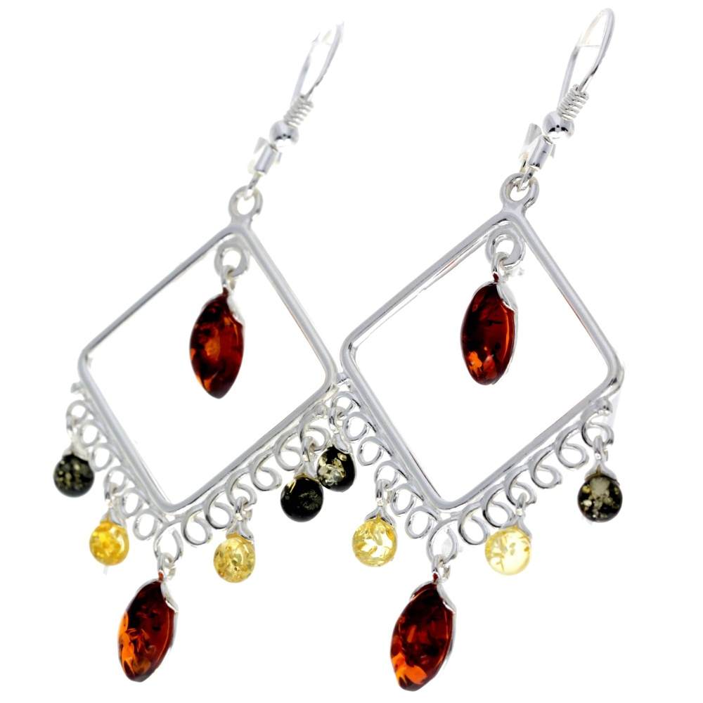 925 Sterling Silver & Genuine Baltic Amber Large Drop Earrings - 8205