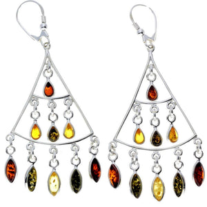 925 Sterling Silver & Genuine Baltic Amber Large Modern Drop Earrings - 8216