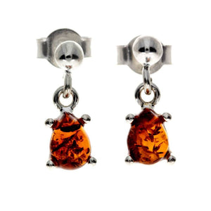 925 Sterling Silver & Genuine Baltic Amber Small Tear Drop Earrings - 8316