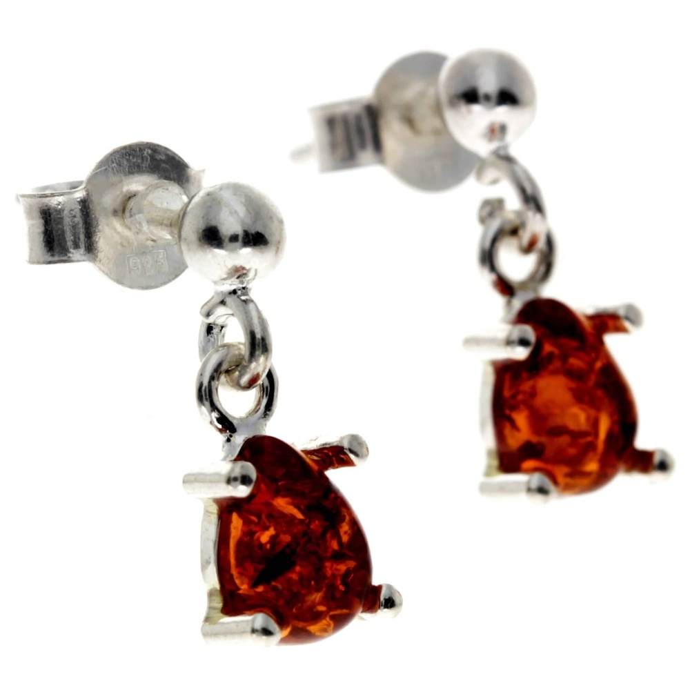 925 Sterling Silver & Genuine Baltic Amber Small Tear Drop Earrings - 8316