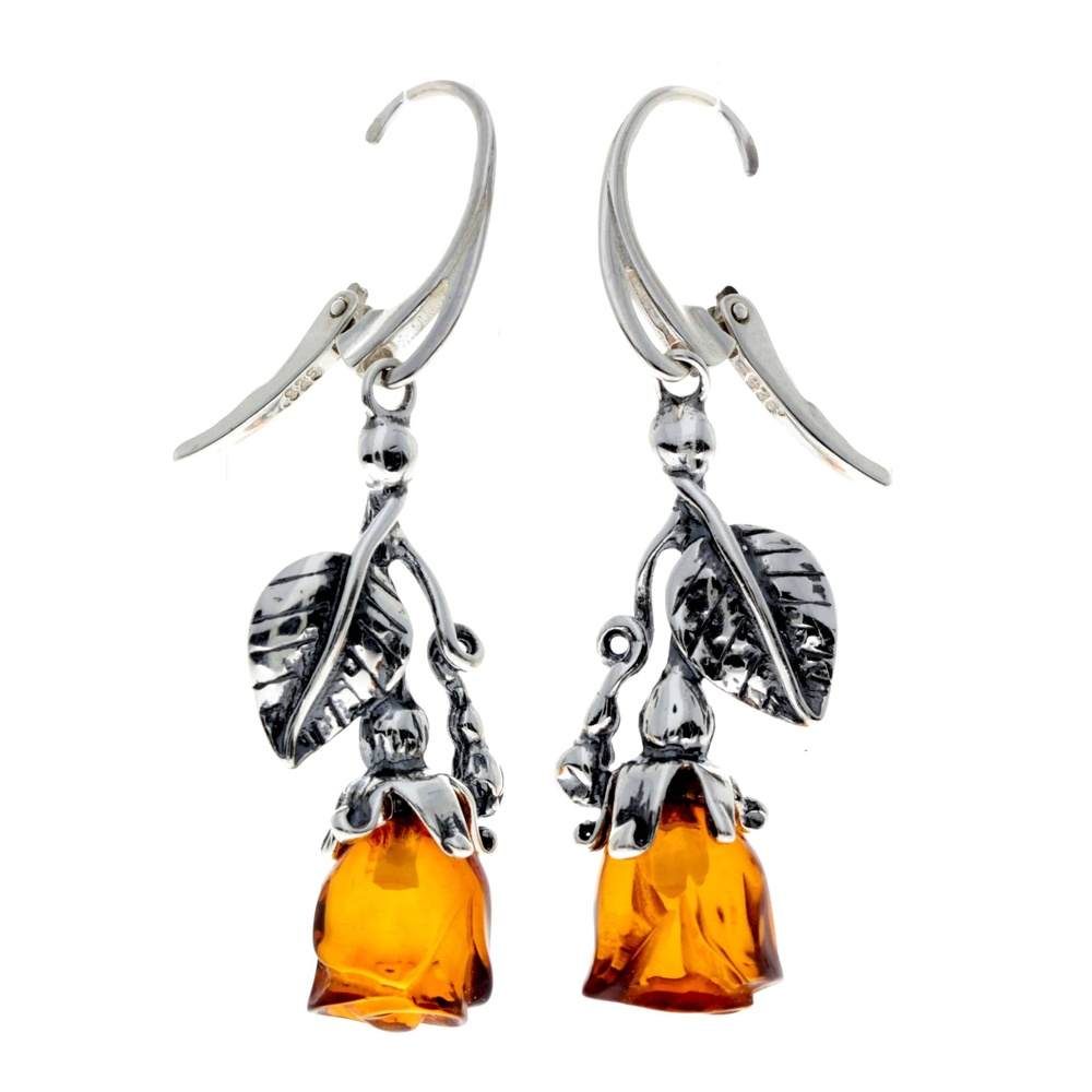 925 Sterling Silver & Genuine Baltic Amber Rose Drop Earrings - 8320