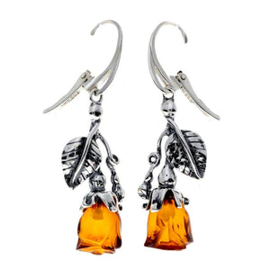 925 Sterling Silver & Genuine Baltic Amber Rose Drop Earrings - 8320