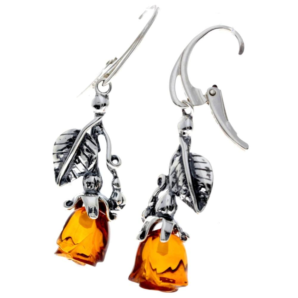 925 Sterling Silver & Genuine Baltic Amber Rose Drop Earrings - 8320